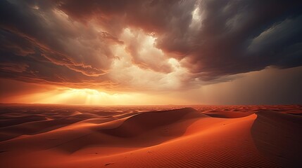Stunning stormy clouds above Sahara s beautiful sand dunes in Morocco. silhouette concept