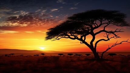 Plakat Silhouette of African trees against a stunning sunset