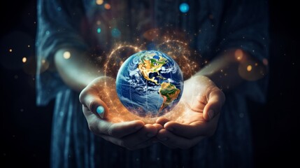 Two hands holding a glowing planet earth, climate change, environmental conservation concept.
