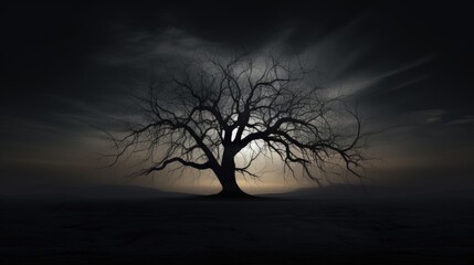 Fototapeta na wymiar The bare spooky tree stands alone in eerie silence. silhouette concept