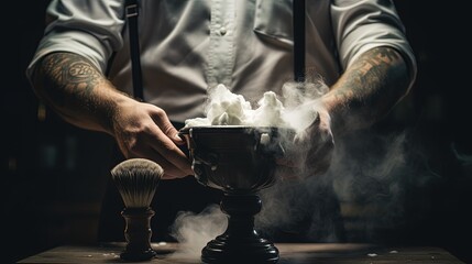 Photograph of hairstylist s hands with bowl of shaving foam and wooden brush man in black gloves at indoor barbershop. silhouette concept - Powered by Adobe