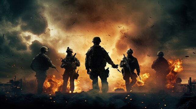 An image of soldiers in battle amidst explosions and smoke. silhouette concept