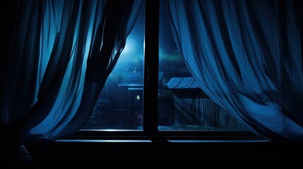 Halloween night eerie window with blue curtain empty space for copy. silhouette concept - Powered by Adobe