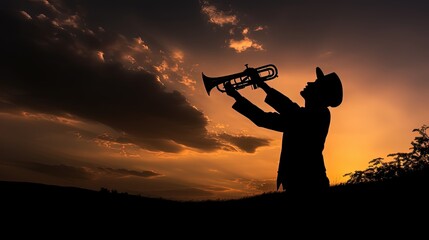 Fototapeta na wymiar Trumpet playing in silhouette