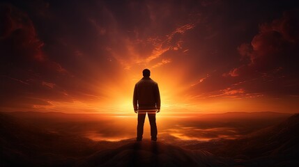 Fototapeta premium Man gazing at sunset s shadow. silhouette concept