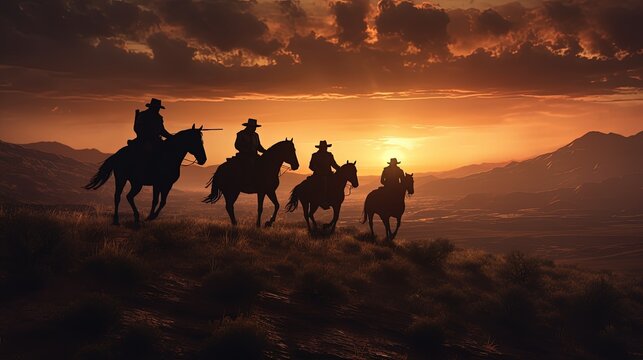 Cowboy Idea Illustrated With Silhouettes Of Cowboys At Sunset On A Hill With Horses Focused Composition