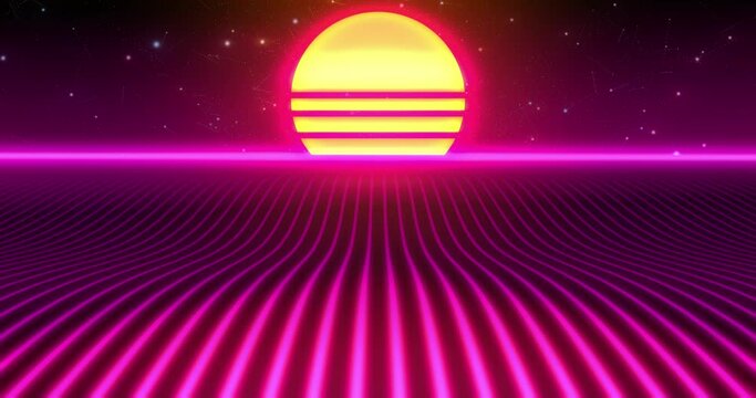 Sea waves on a beach with 80's retro neon style