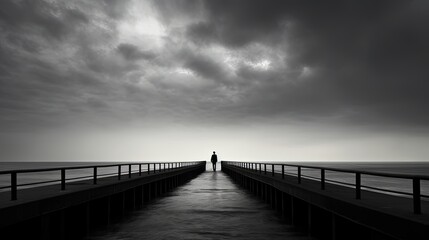 Man on pier observing monochromatic seascape. silhouette concept
