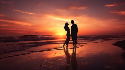 Fototapeta na wymiar Beach sunset silhouette of a couple