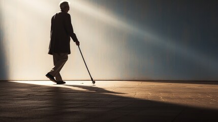 Elderly person with a cane shadows on the road symbolizing old age and spine joint ailments. silhouette concept - obrazy, fototapety, plakaty