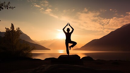 Outdoor Yoga silhouette in natural setting - obrazy, fototapety, plakaty