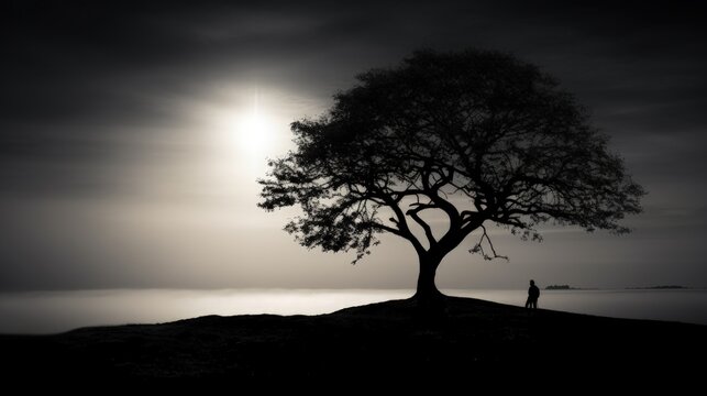 Silhouette of a tree in black and white