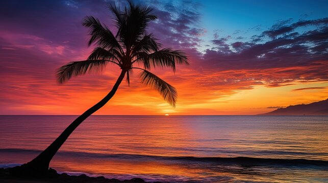 A palm tree silhouette against a vibrant sunset on Kaanapali Beach in Maui