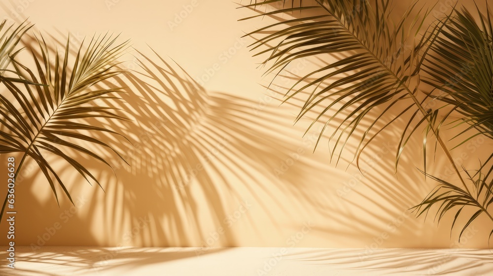 Poster palm tree leaves casting shadows on eco friendly cardboard. silhouette concept