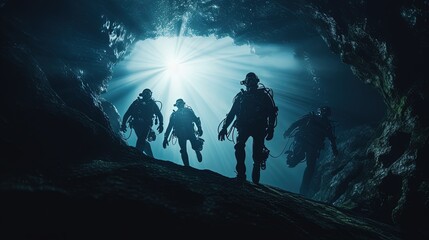 Divers investigating a tunnel. silhouette concept