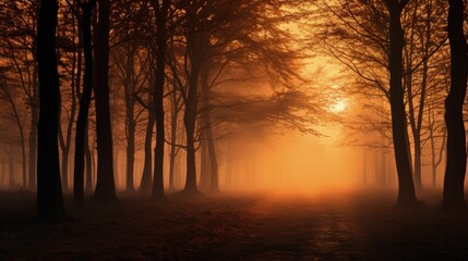 Autumn s misty forest at daybreak. silhouette concept