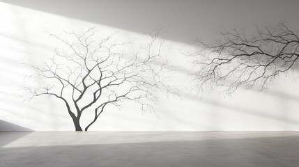 Shadow of leaves on tree branch and trunk pattern on white concrete wall black and white nature shadow art on wall. silhouette concept