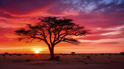 Naklejka na ściany i meble Sunset on African plains with acacia tree Kalahari desert South Africa. silhouette concept