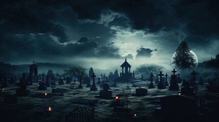 Creepy cemetery at night with haunted atmosphere evoking feelings of sadness death and horror. silhouette concept