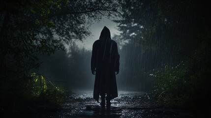 Observing a rainy country path gazing at a mysterious figure wearing a hood from behind. silhouette concept