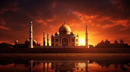 Sunset backdrop with Taj Mahal in Agra India. silhouette concept - obrazy, fototapety, plakaty