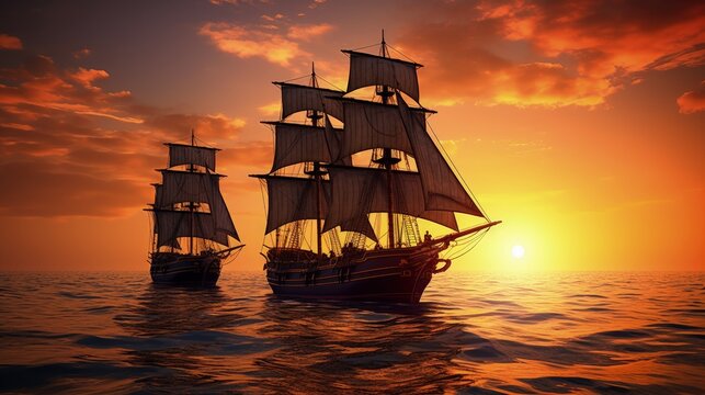 Two boats cruising at sunset. silhouette concept