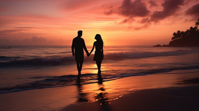 Beach sunset silhouette of a couple