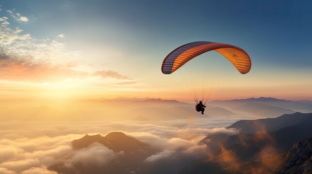 Vintage colored paraglide silhouette above misty Crimea valley at sunrise