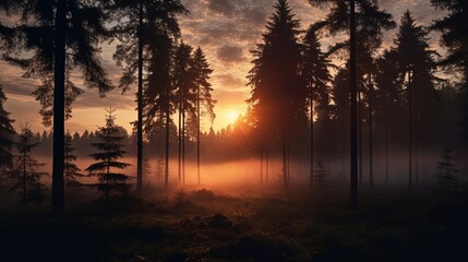 Misty summer morning sun rising in a forest. silhouette concept
