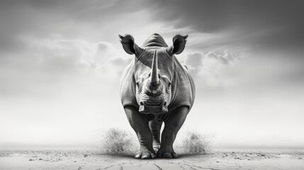 Black and white animal poster featuring a Black Rhinoceros in the Namibian desert Dramatic scene and design. silhouette concept - Powered by Adobe