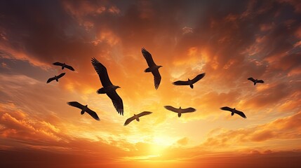 Fototapeta premium Birds in the sky flying in formation. silhouette concept