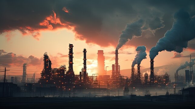 Early morning smoking towers of an industrial steel company. silhouette concept