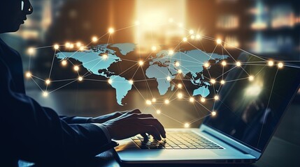 Marketing and promotion concept with world map laptop and social network icons in a double exposure composition. silhouette concept