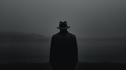 Man in hat in the rain watching fog approach from the sea noir vibes. silhouette concept - Powered by Adobe