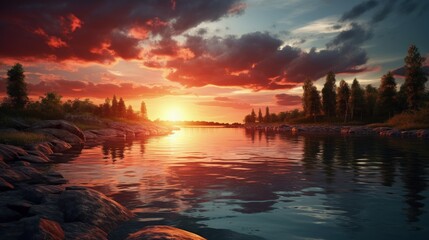 Fototapeta na wymiar Vivid sunset picture Scenic river view. silhouette concept