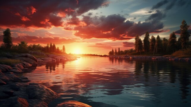 Vivid sunset picture Scenic river view. silhouette concept