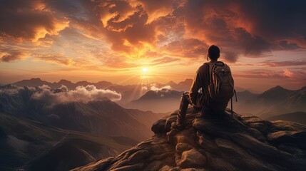 Obraz premium Man s shadow admires setting sun from mountain peak. silhouette concept