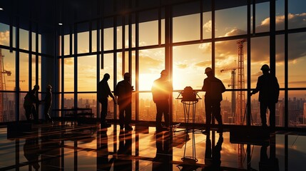 Office workers silhouetted at sunset