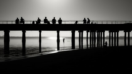 Black and white photograph of people resting on a sea pier. silhouette concept