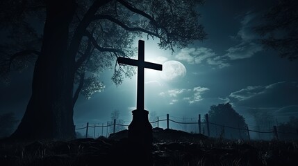 Moonlit cemetery with a cross. silhouette concept