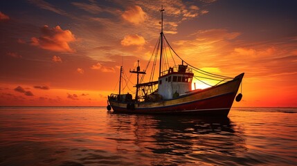 Thai fishing boat on sunset HuaHin Thailand with a distinct outline. silhouette concept