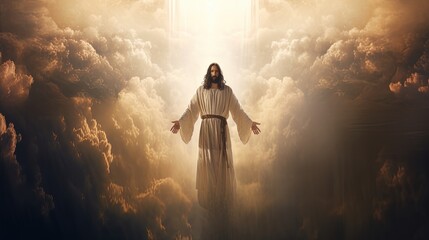 Ascension of Jesus in clouds Second coming Christian Easter Faith Christianity. silhouette concept