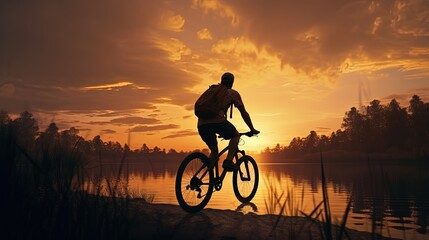 Naklejka na ściany i meble Man silhouette riding bicycles outdoors at sunset