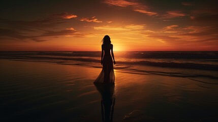 Lone woman silhouette at sunset beach