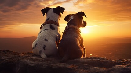 Two Jack russell dogs observe the large sun as it sets. silhouette concept - obrazy, fototapety, plakaty