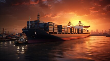 Sunset arrival of a container ship in port. silhouette concept