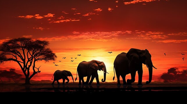 Silhouetted elephant family at sunset