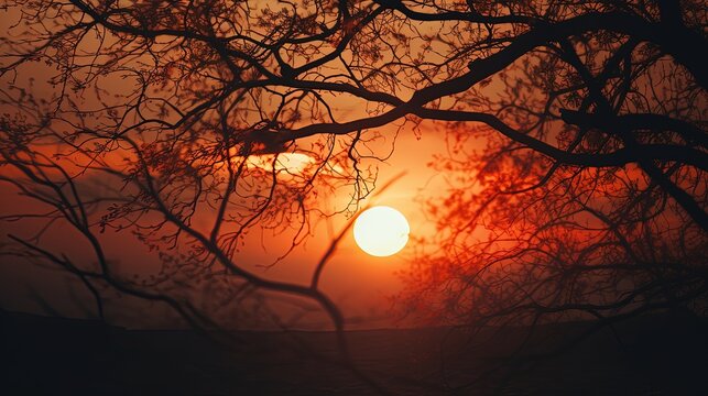Afternoon sun casts tree branches as silhouettes at sunset