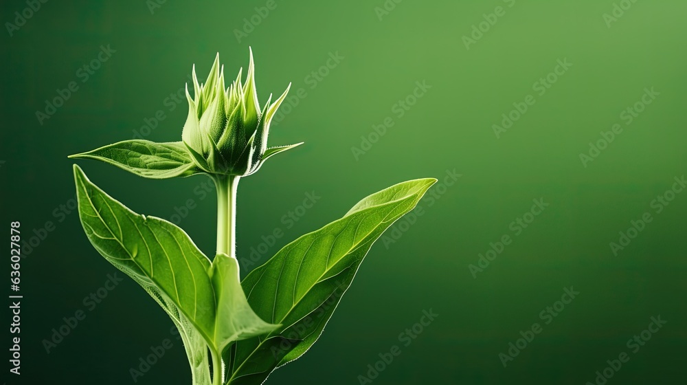 Poster minimal flower arrangement with sunflower bud cast in artistic shadow against a green backdrop. silh