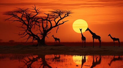 Giraffe shapes and a dead tree in front of a sunset. silhouette concept